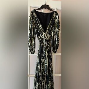 Banana Republic Black and Green Print Faux Wrap Dress